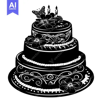Aset desain premium: A Three-Tiered Birthday Cake with Flowers, Candles, and a Butterfly
