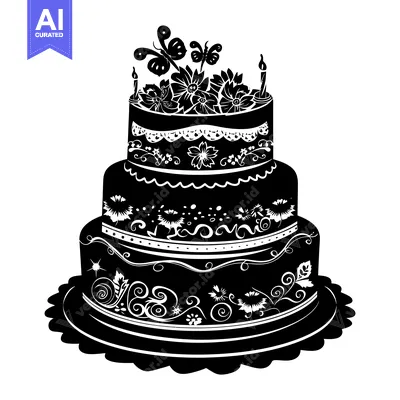 Aset desain premium: Three-Tiered Cake with Floral Decorations and Butterflies