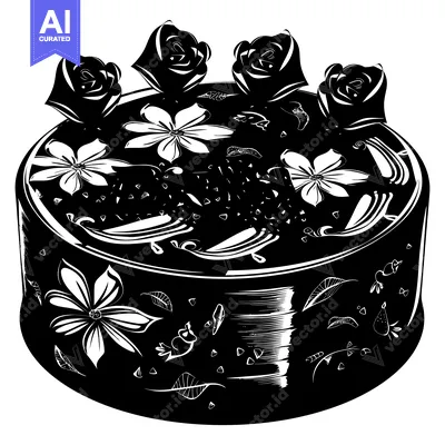 Aset desain premium: Black and White Illustration of a Cake Decorated with Flowers and Rose