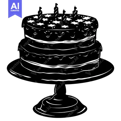 Premium design asset: Two-Tiered Birthday Cake with Candles and Stars on Stand