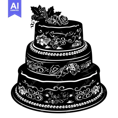 Aset premium populer: Three-Tiered Wedding Cake Decorated with Black and White Floral Motifs