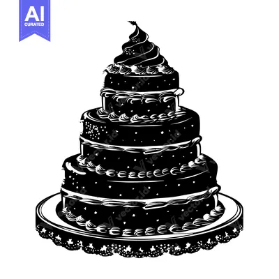 Premium design asset: Black and White Silhouette of a Four-Tiered Cake with Swirls and Stars