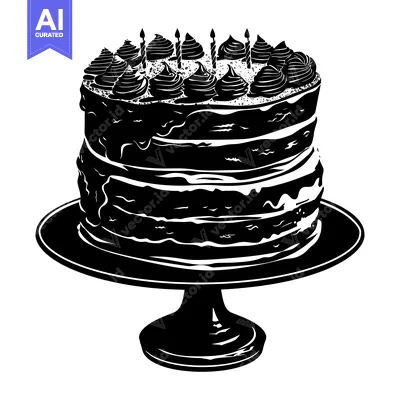 Aset premium populer: Black and White Silhouette of a Multi-Layered Birthday Cake with Candl