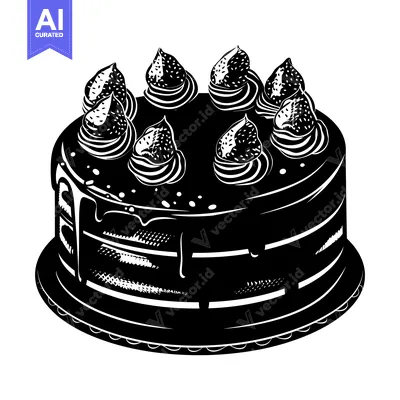 Premium design asset: Black and White Illustration of a Round Chocolate Cake with Cream Topp