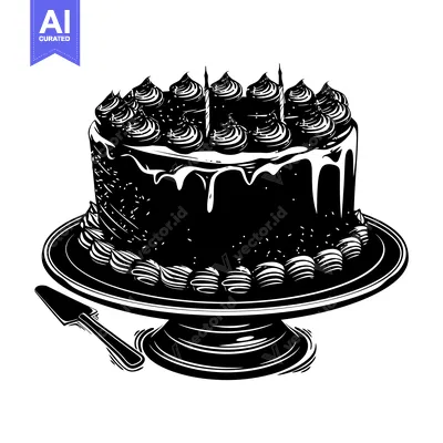 Aset desain premium: Black and White Illustration of a Birthday Cake with Candles and a Ser