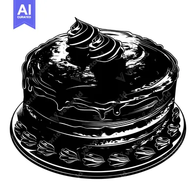 Black and White Silhouette of a Round Layered Cake with Icing and a Sw
