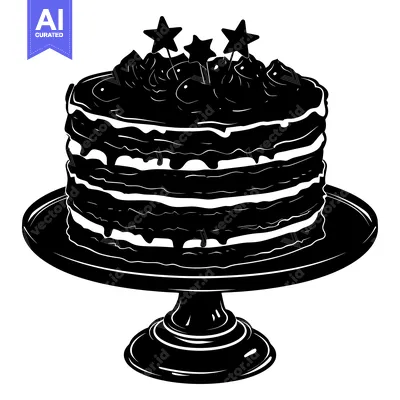 Aset desain premium: A Black and White Silhouette of a Layered Cake on a Pedestal with Star