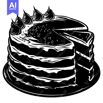 Black and White Silhouette of a Layered Cake with Icing and Sprinkles