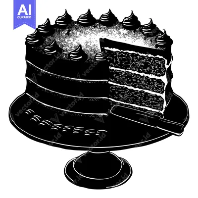 Aset premium populer: Black and White Illustration of a Cake with a Slice Removed on a Cake