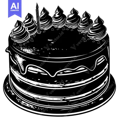 Black and White Illustration of a Birthday Cake with a Single Candle
