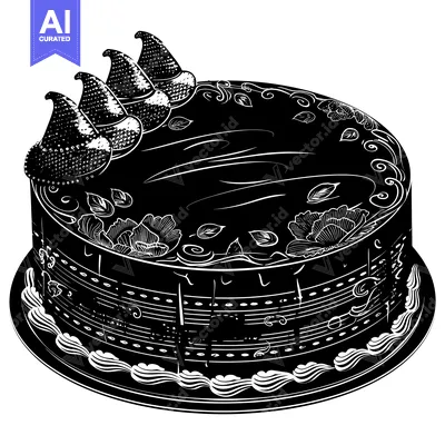 Popular premium asset: Black and White Illustration of a Decorated Cake with Topping