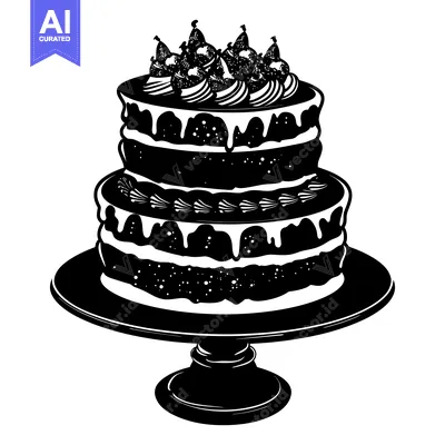 Aset desain premium: A Black and White Illustration of a Three-Tiered Cake Decorated with F