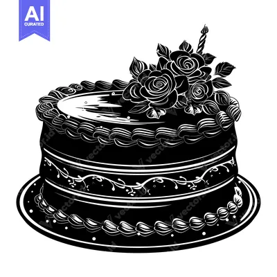 Aset desain premium: Black and White Silhouette of a Birthday Cake with Roses