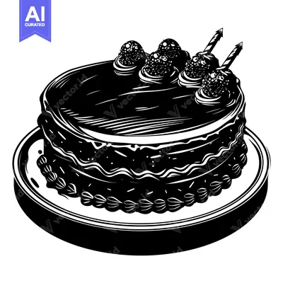 Aset desain premium: Black and White Illustration of a Birthday Cake with Candles and Berri
