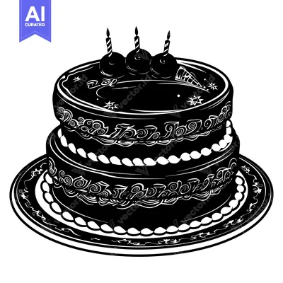 Aset desain premium: A two-layered black and white cake with three candles and decorative f