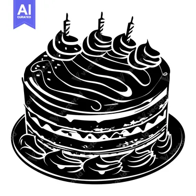 A Black and White Illustration of a Birthday Cake with Candles