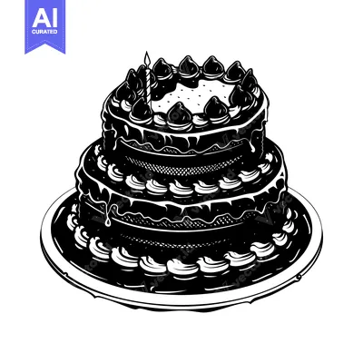 Popular premium asset: Black and White Illustration of a Three-Tiered Birthday Cake with Cand