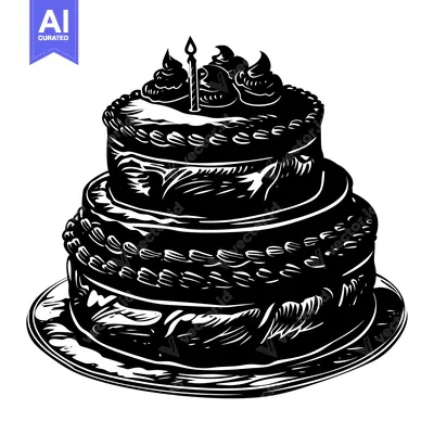 Aset premium populer: Black and White Illustration of a Two-Tiered Birthday Cake with Candle