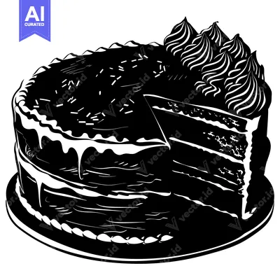 Black and White Illustration of a Sliced Chocolate Cake with Frosting