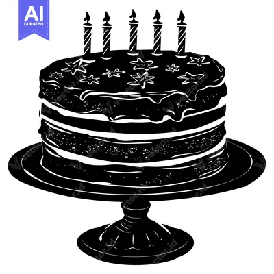 Aset desain premium: A Black and White Silhouette of a Birthday Cake with Candles and Stars