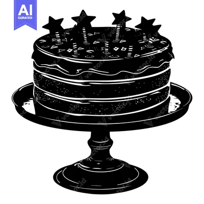 Premium design asset: Black and White Silhouette of a Cake with Star-Shaped Candles on a Sta