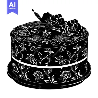 Aset desain premium: Black and White Floral Decorated Birthday Cake with a Candle