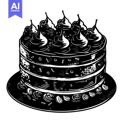 Popular premium asset: Black and White Illustration of a Layered Cake with Whipped Cream Topp
