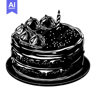 Premium design asset: Black and White Illustration of a Birthday Cake with a Single Candle