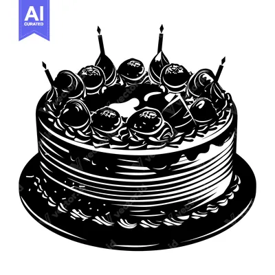 Black and White Silhouette of a Birthday Cake with Candles and Topping