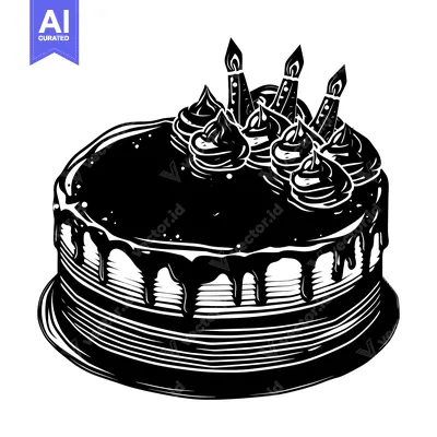 Aset premium populer: A Black and White Illustration of a Birthday Cake with Candles and Fro