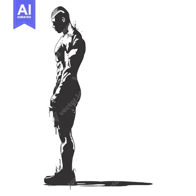 Aset desain premium: A muscular man with a shaved head standing with a shadow in a black an