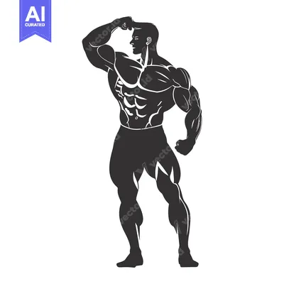 Aset desain premium: Silhouette of a Muscular Man Flexing his Biceps and Looking Up