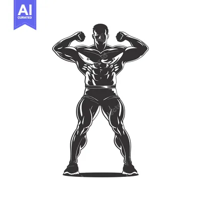Aset desain premium: Muscular Man Flexing Biceps, Standing with Legs Spread, Wearing Shorts