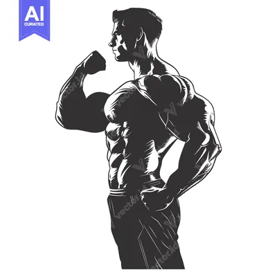 Aset desain premium: A Silhouette of a Muscular Man Flexing His Bicep