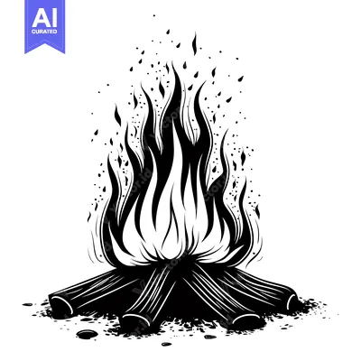 Aset desain premium: Black and White Illustration of a Bonfire with Flames