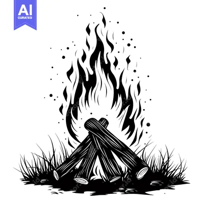 Aset desain premium: Black and White Illustration of a Campfire with Flames and Logs