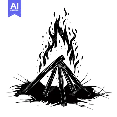 Premium design asset: Black and White Illustration of a Campfire with Flames