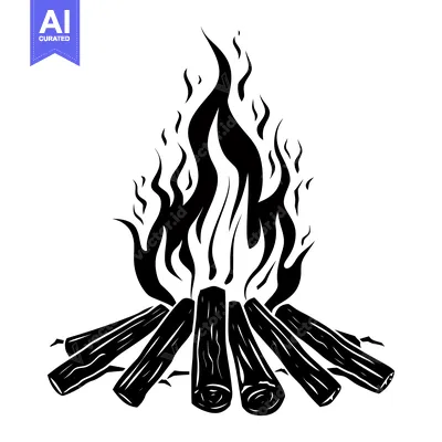 Aset desain premium: Black and White Silhouette Illustration of a Campfire with Flames and