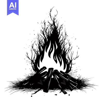 Aset desain premium: Black and White Silhouette of a Fire with Flames and Burning Wood