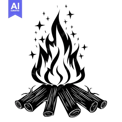 Popular premium asset: Black and white illustration of a campfire with flames and stars