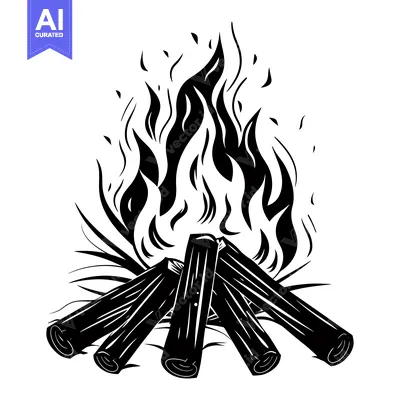 Aset desain premium: A black and white illustration of a campfire with flames rising from t