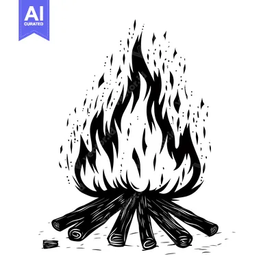 Aset premium populer: A Black and White Illustration of a Campfire with Flames and Logs