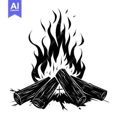 Premium design asset: Black and White Illustration of a Campfire with Flames and Logs