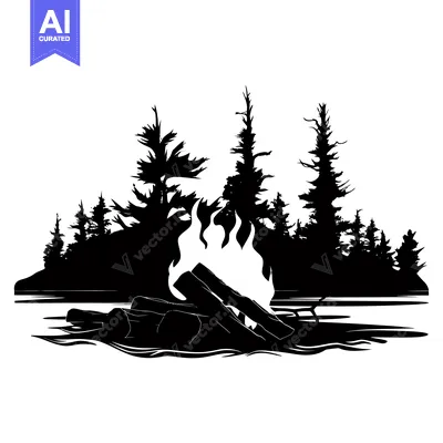 Aset premium populer: Campfire Burning Brightly on a Lakefront with a Silhouette of Trees in