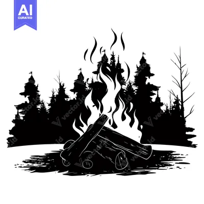 Aset premium populer: Black and White Silhouette of a Campfire with Trees in the Background