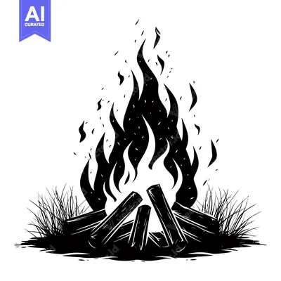 Premium design asset: Black and White Silhouette of a Campfire with Flames and Logs
