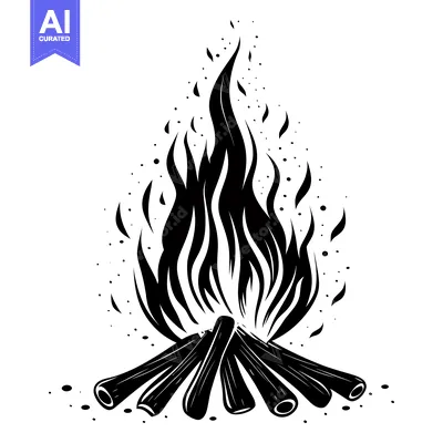 Aset desain premium: Black and White Silhouette of a Campfire with Flames and Logs