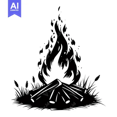 Aset desain premium: Black and white silhouette of a campfire with flames rising from logs