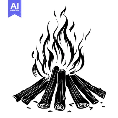 Premium design asset: Black and White Illustration of a Campfire with Flames and Logs