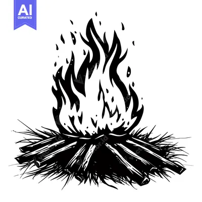 Aset desain premium: Black and White Illustration of a Campfire with Flames Rising